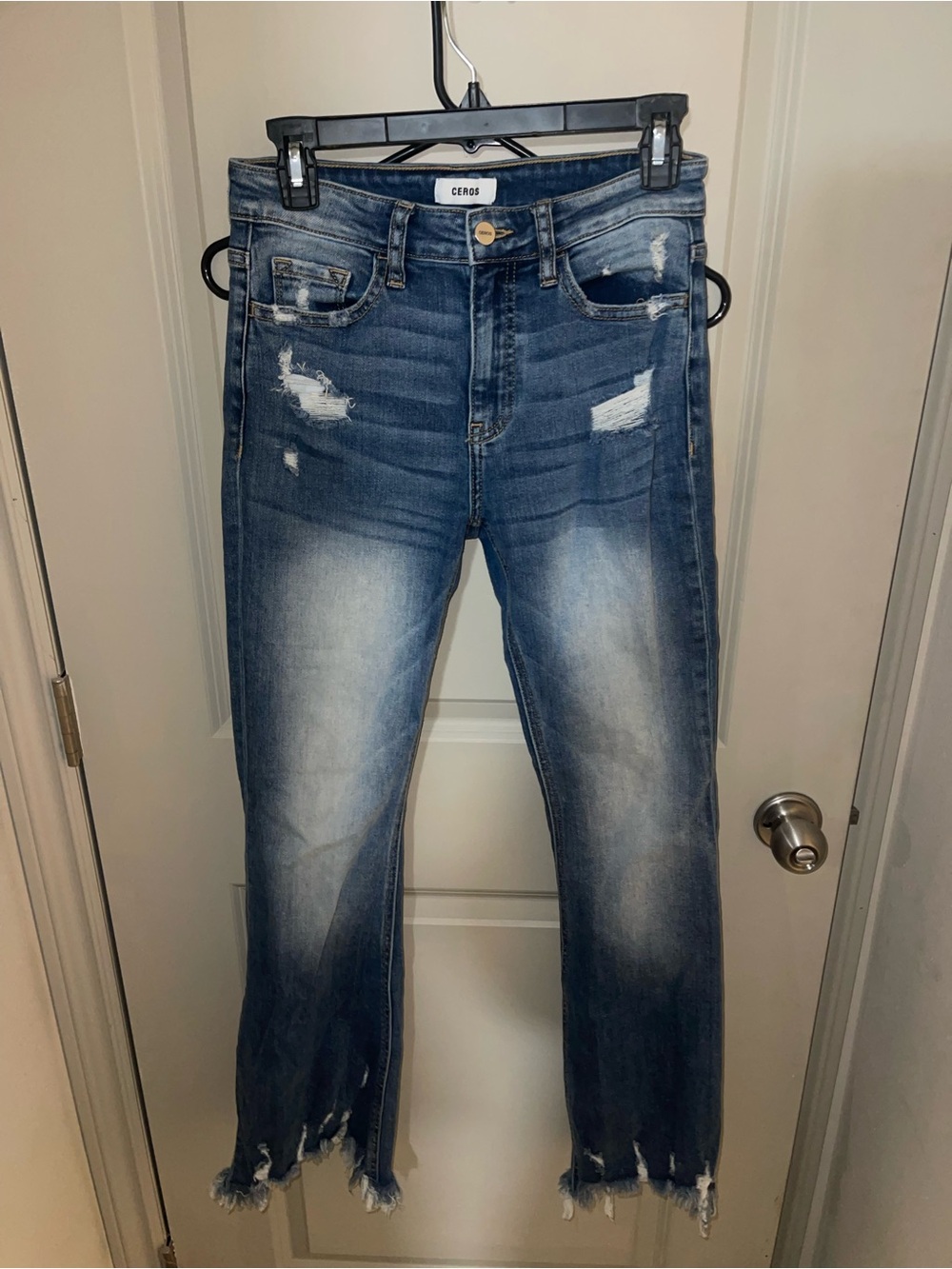 Ceros Distressed High-Rise Straight Jeans - Blue Wash Size 27